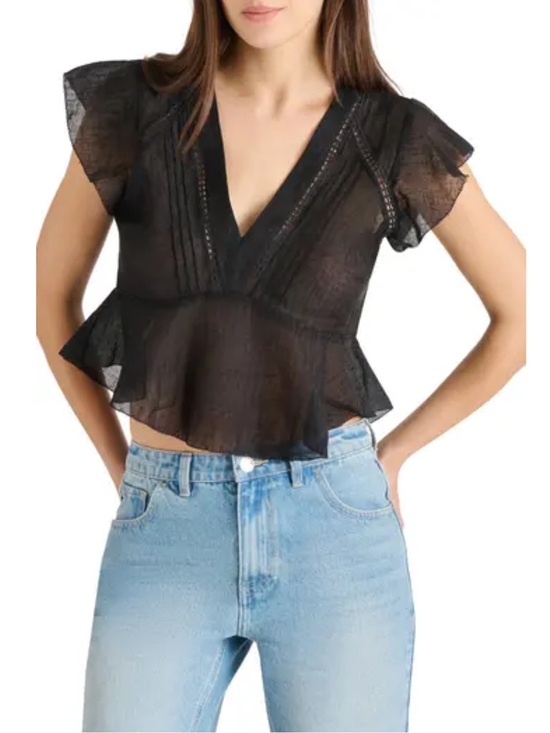 Steve Madden Tops - Steve Madden Leyla  Black V-Neck Lace Flutter Sleeve Peplum Blouse size S